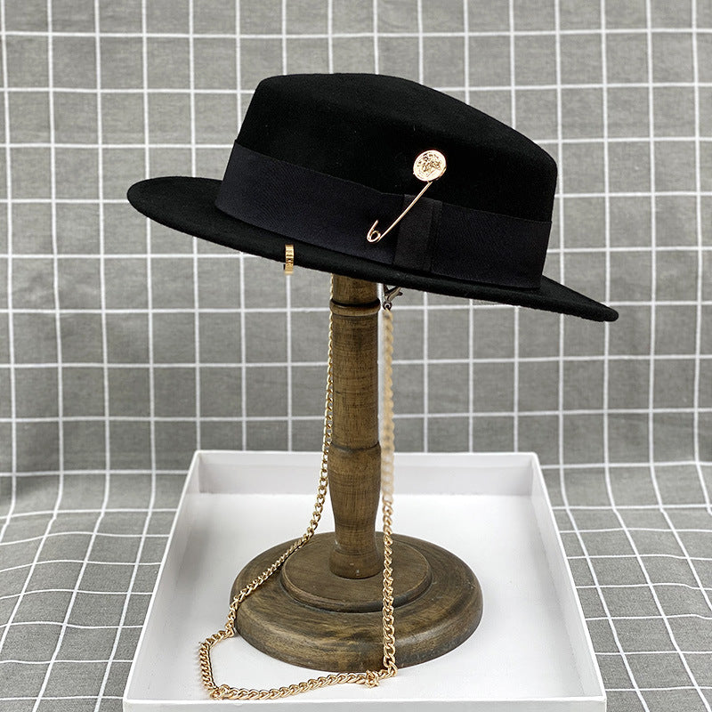 Flat Top Wide Brim Wool Felt Hat with Chain