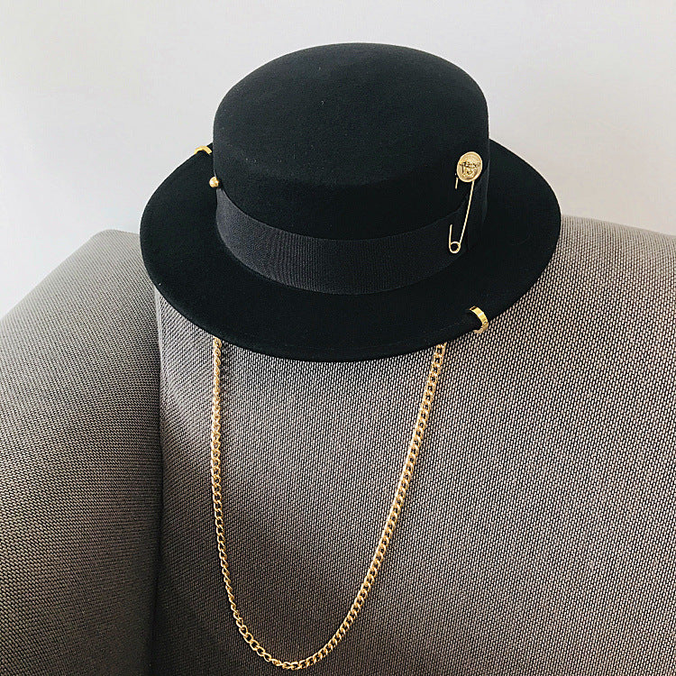 Flat Top Wide Brim Wool Felt Hat with Chain