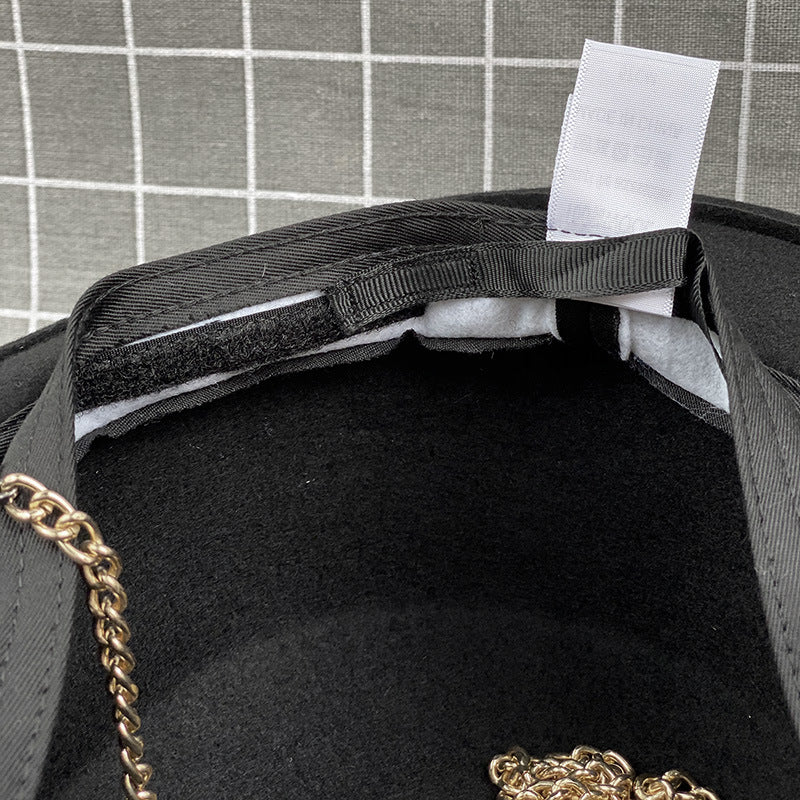 Flat Top Wide Brim Wool Felt Hat with Chain