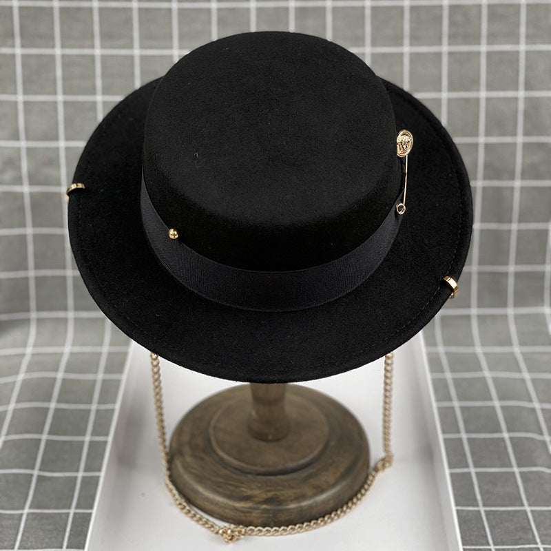 Flat Top Wide Brim Wool Felt Hat with Chain