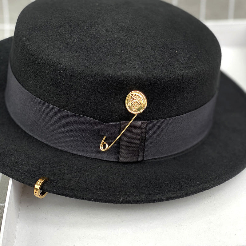 Flat Top Wide Brim Wool Felt Hat with Chain