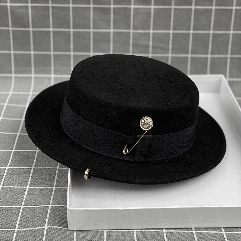 Flat Top Wide Brim Wool Felt Hat with Chain