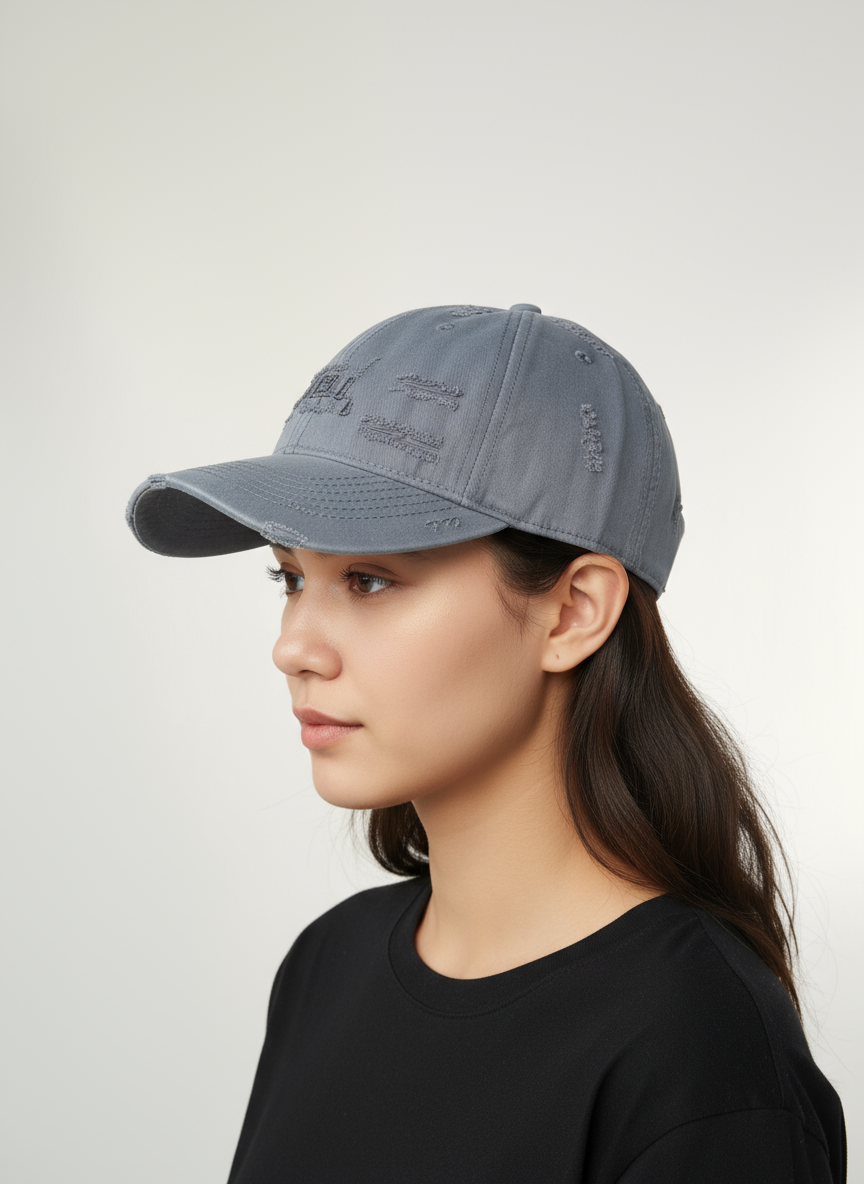 Distressed Grey Baseball Cap with Ripped Details