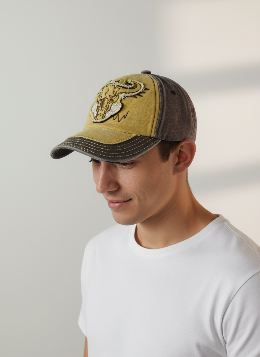 Bull Head Embroidered Baseball Cap with Contrast Panels