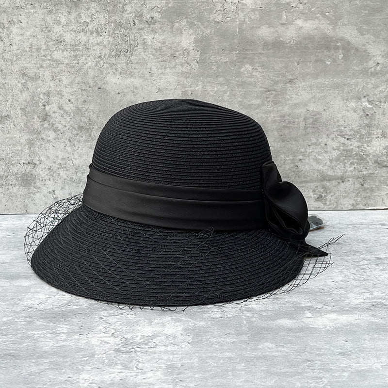 Elegant Mesh Straw Hat with Bow