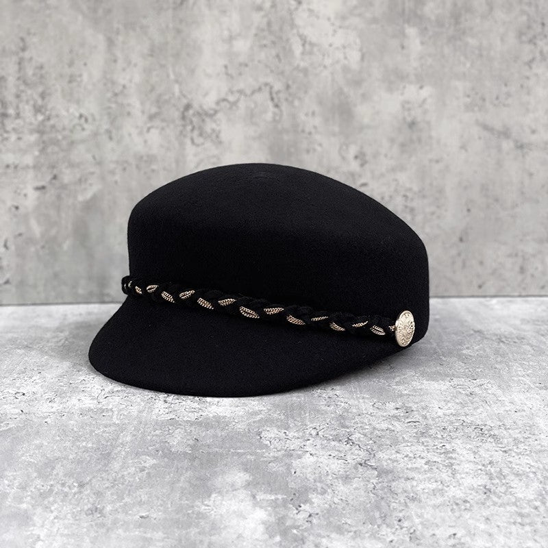Wool Flat Cap with Woven Chain Detail