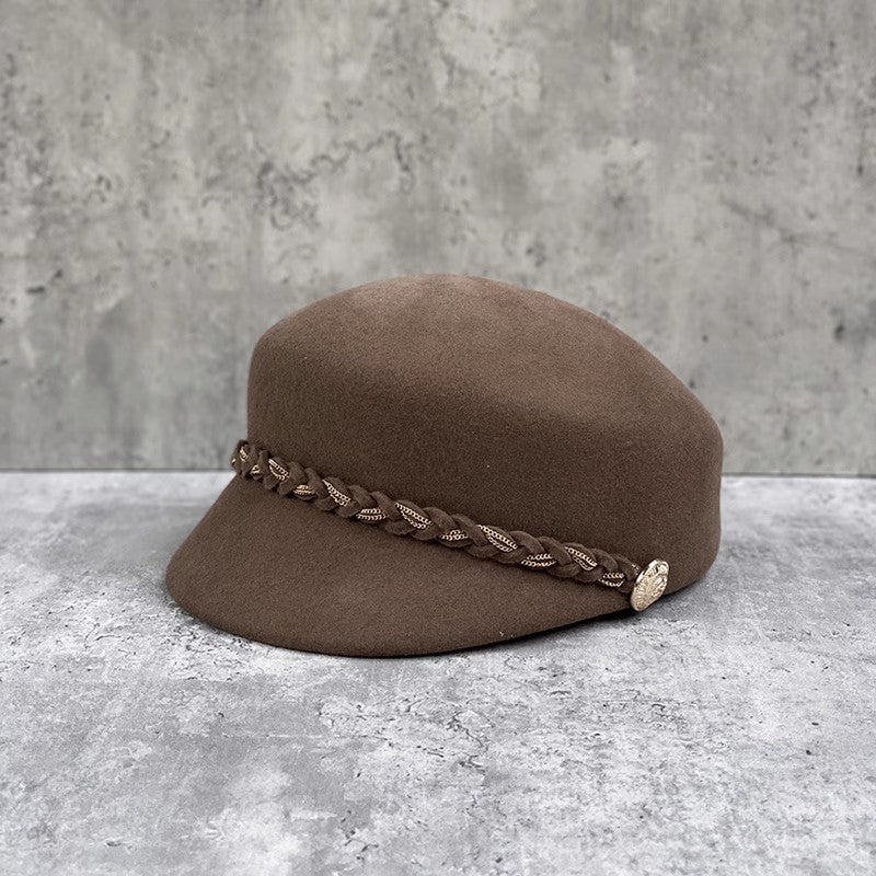 Wool Flat Cap with Woven Chain Detail