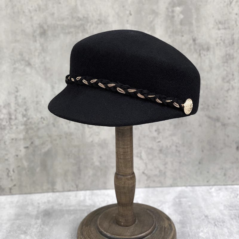Wool Flat Cap with Woven Chain Detail