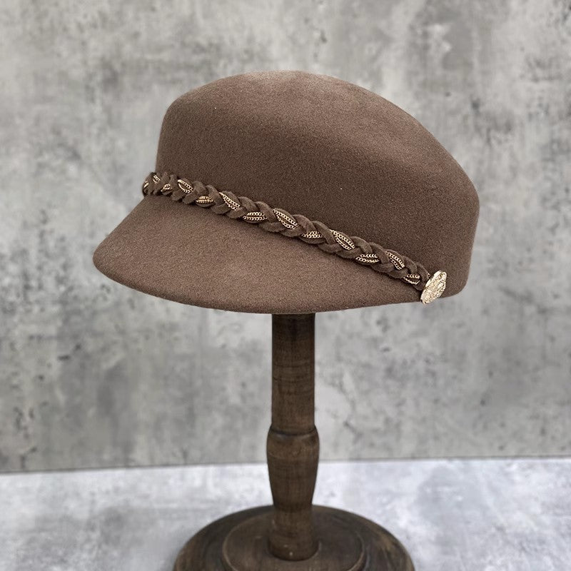 Wool Flat Cap with Woven Chain Detail