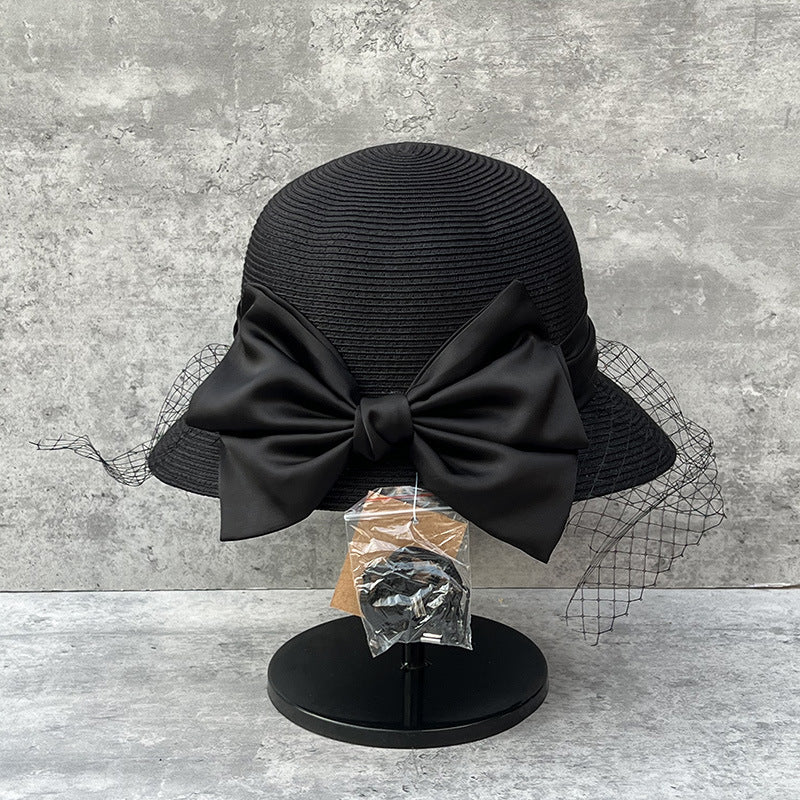 Elegant Mesh Straw Hat with Bow