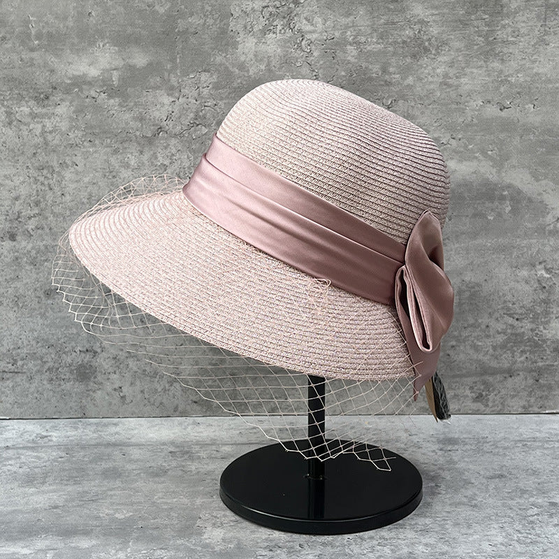 Elegant Mesh Straw Hat with Bow