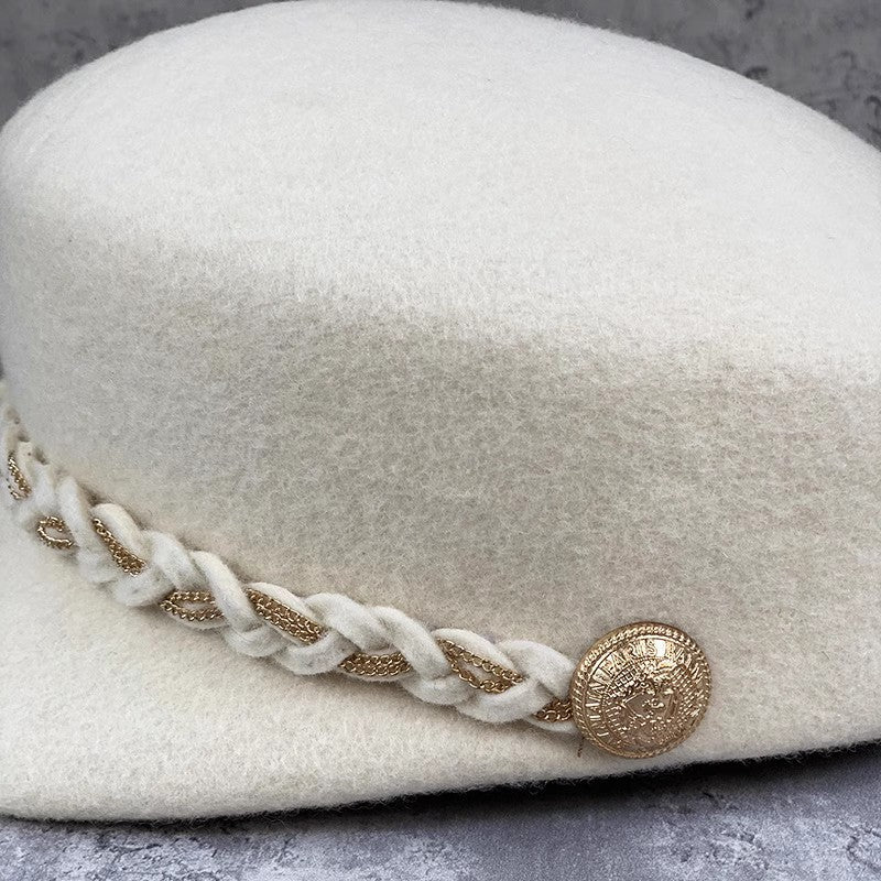 Wool Flat Cap with Woven Chain Detail