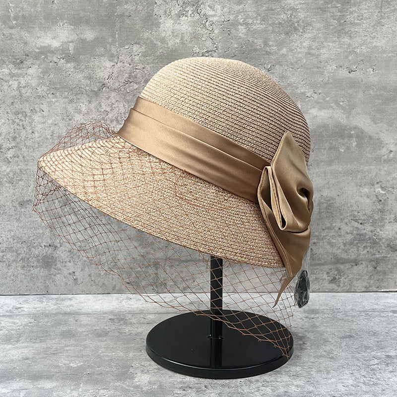 Elegant Mesh Straw Hat with Bow