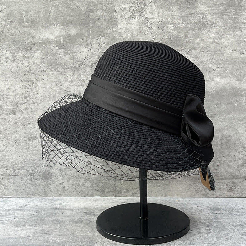 Elegant Mesh Straw Hat with Bow